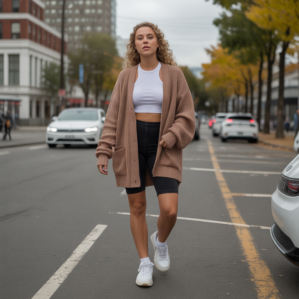 Baddie Fall Outfits: 18 Fierce Looks to Slay Autumn in Style 3 Oversized Cardigan with Biker Shorts