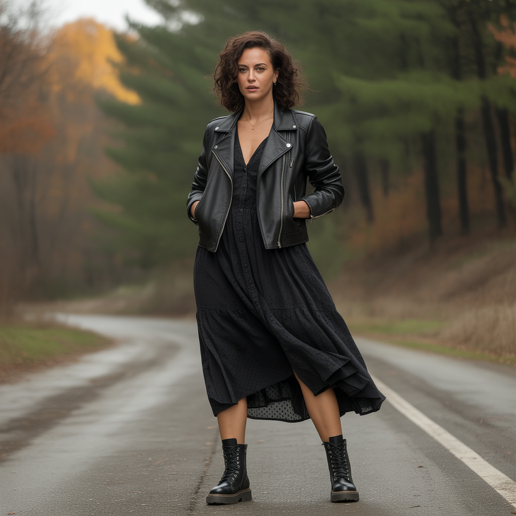Baddie Fall Outfits: 18 Fierce Looks to Slay Autumn in Style 5 Leather Jacket with Midi Dress