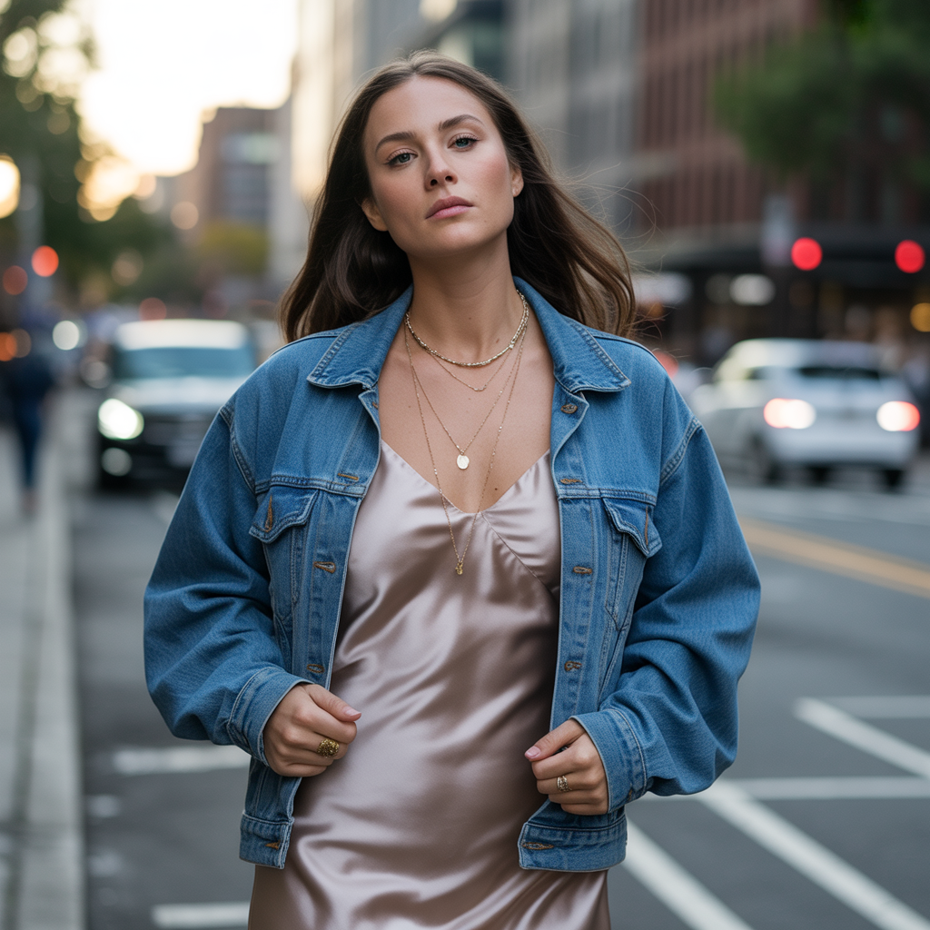 Baddie Fall Outfits: 18 Fierce Looks to Slay Autumn in Style 9 Denim Jacket with Satin Slip Dress