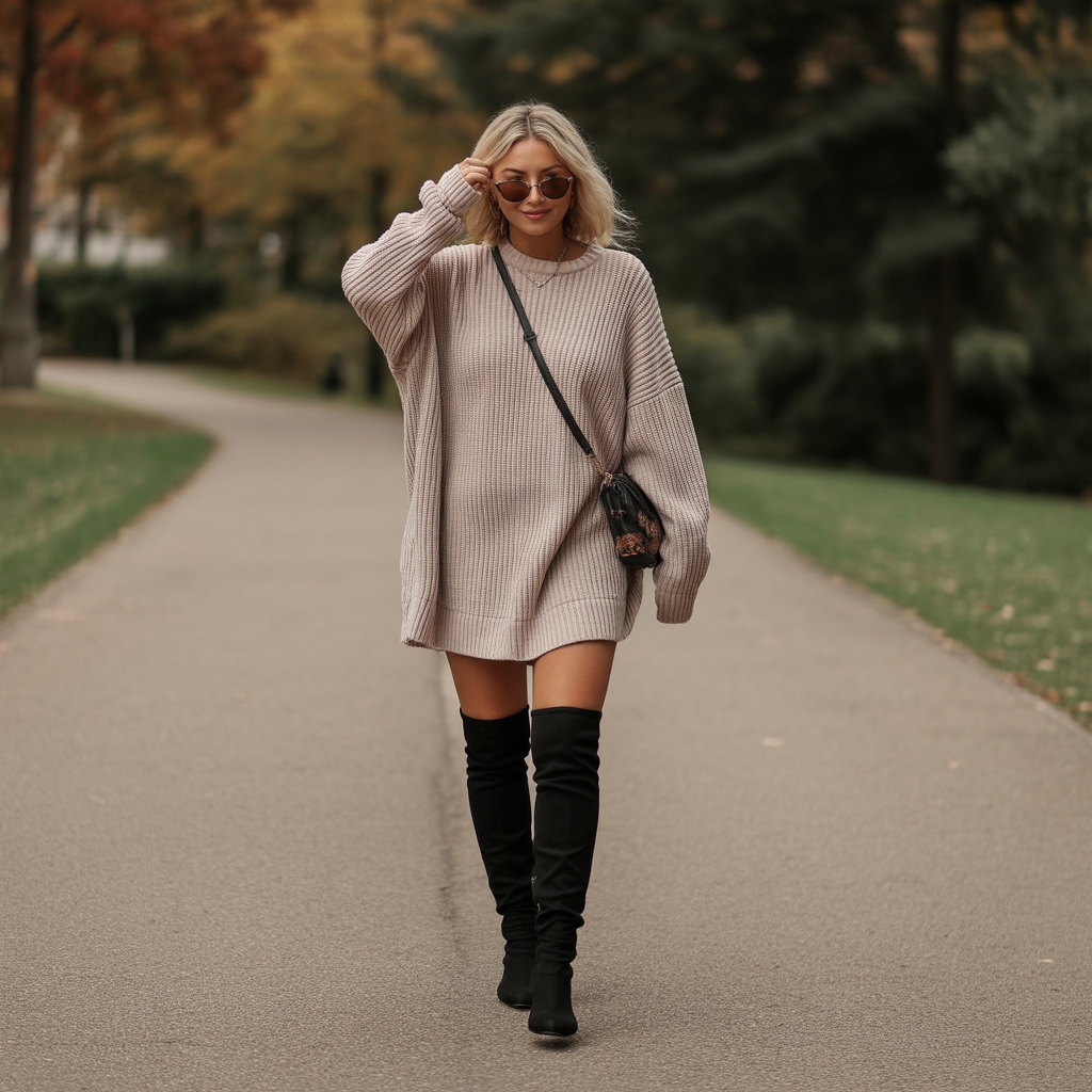 Baddie Fall Outfits: 18 Fierce Looks to Slay Autumn in Style 10 Oversized Sweater Dress with Thigh-High Boots