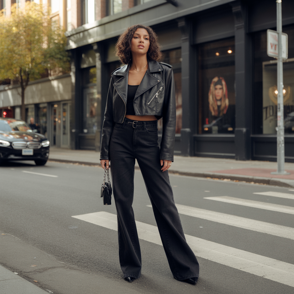 Baddie Fall Outfits: 18 Fierce Looks to Slay Autumn in Style 14 Cropped Leather Jacket with Wide-Leg Pants