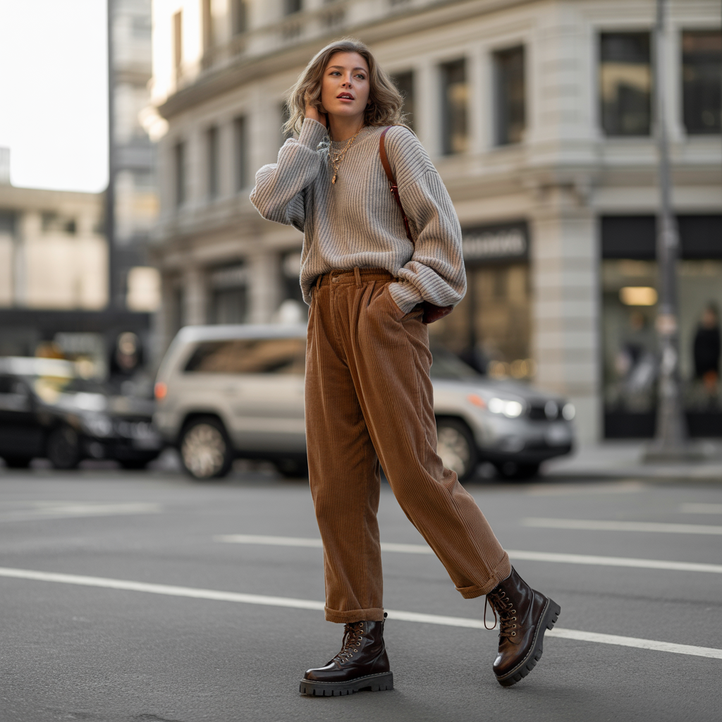 18 Adorable Winter Outfits That Keep You Warm & Fashionable 11 Corduroy Pants with Chunky Boots
