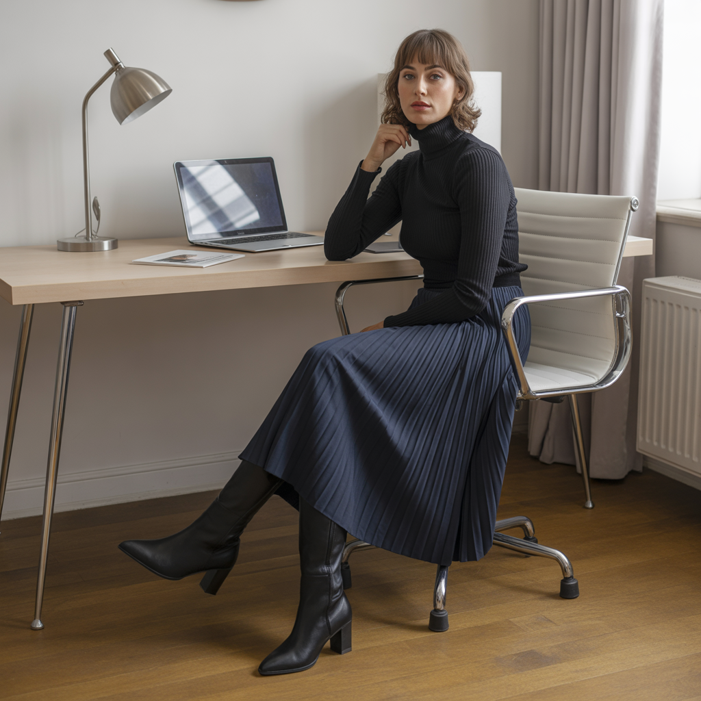 Best Chic Winter Work Outfits to Elevate Your Office Style 11 Midi Pleated Skirt with Boots