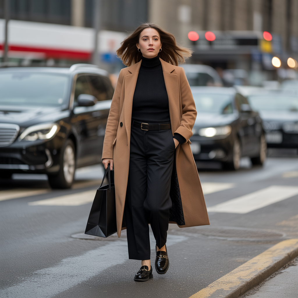 Best Chic Winter Work Outfits to Elevate Your Office Style 12 Camel Coat with Black Base