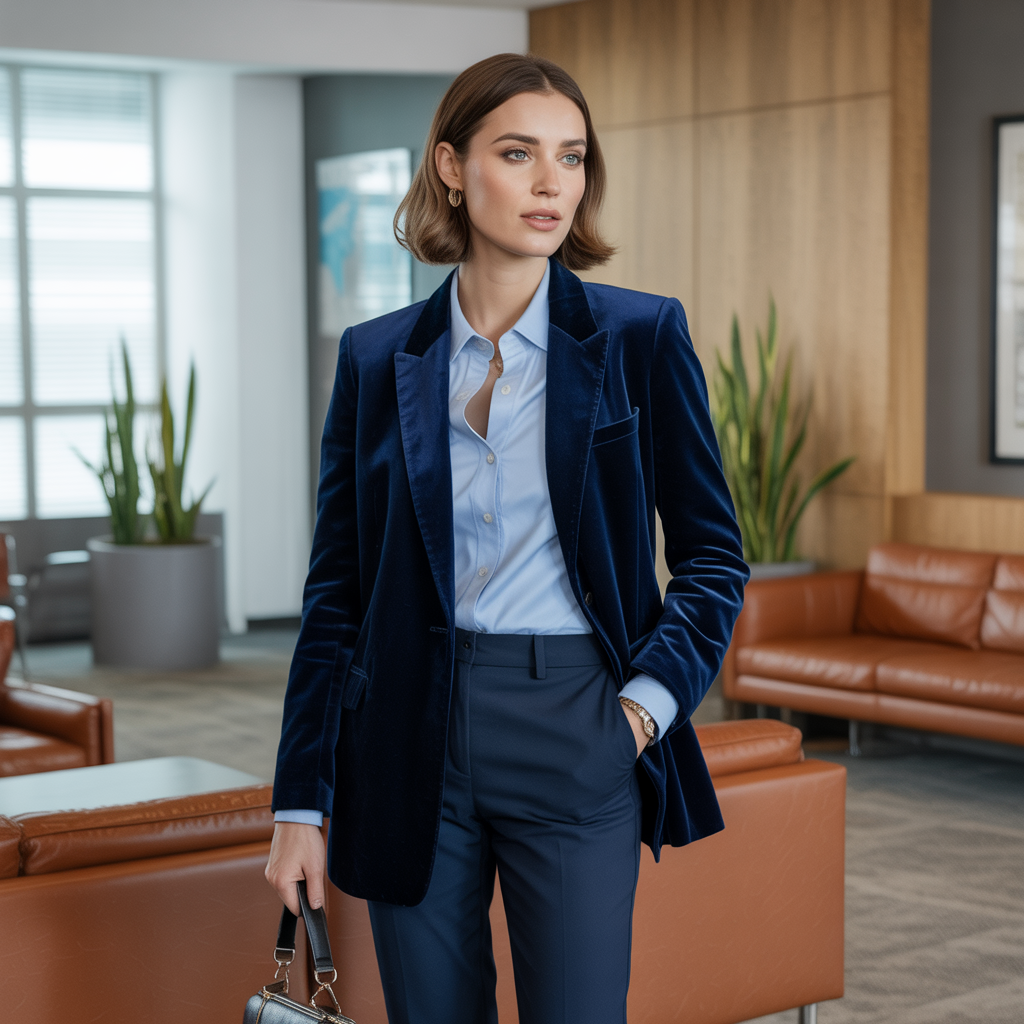 Best Chic Winter Work Outfits to Elevate Your Office Style 18 Velvet Blazer with Classic Bottoms