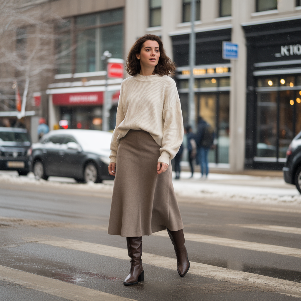 20 Ideas About Classy Winter Outfits for Timeless Cold Weather Style 3 Cashmere Sweater with Midi Skirt