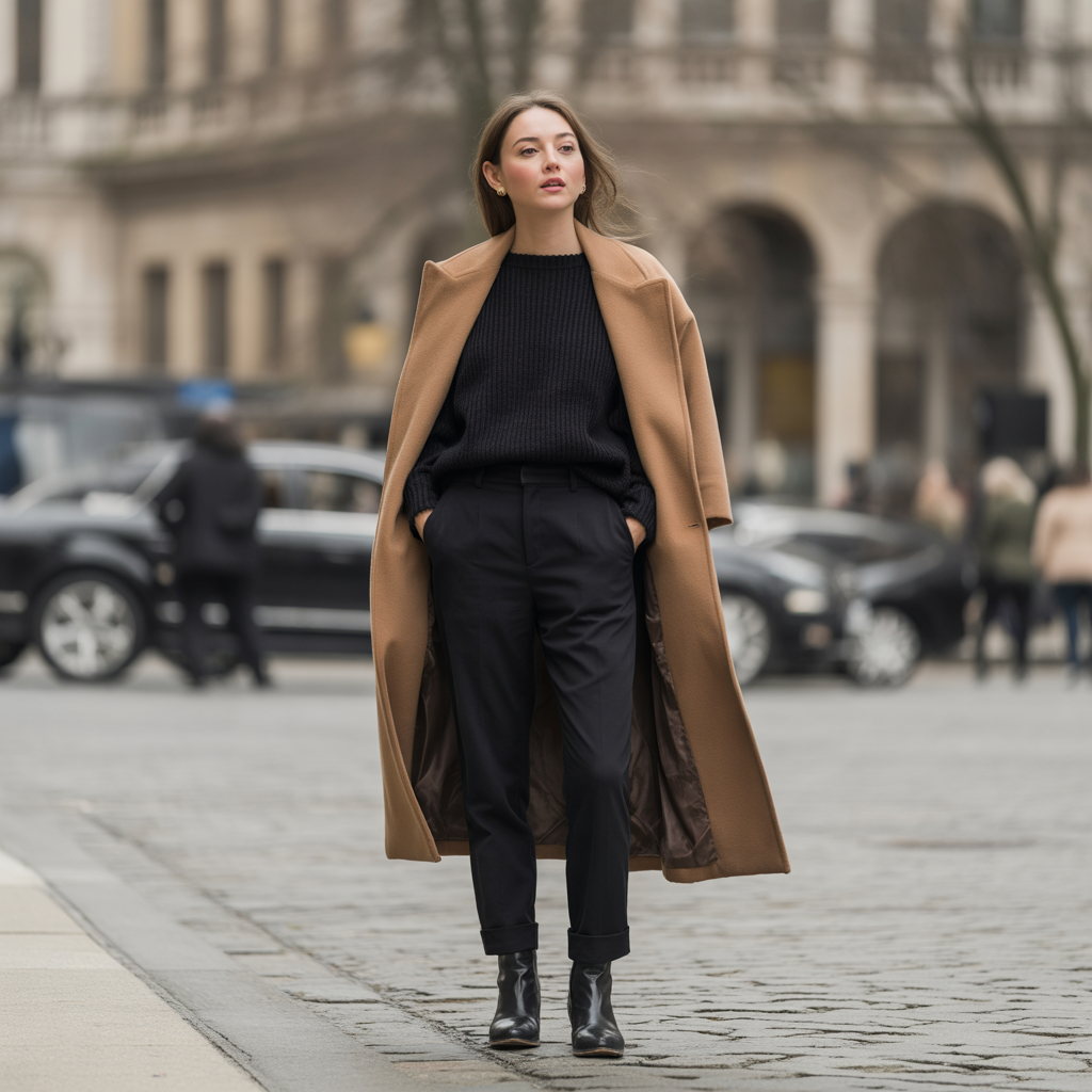 20 Ideas About Classy Winter Outfits for Timeless Cold Weather Style 11 Camel Coat with Black Base