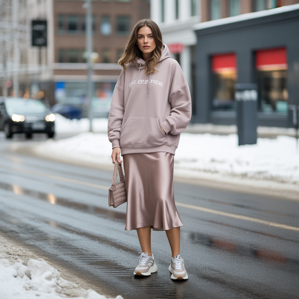 20 Ideas About Cute Winter Skirt Outfits to Stay Warm and Stylish 10 Satin Skirt with Oversized Hoodie