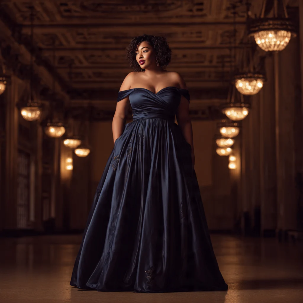 15 Best Plus Size Prom Outfit Ideas to Shine on Your Big Night 1 A-Line Satin Gown with Off-Shoulder Detail