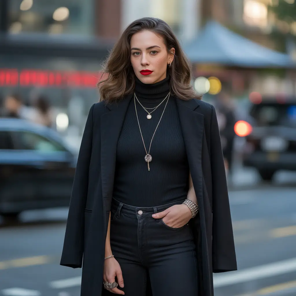 All-Black Outfit with Statement Accessories