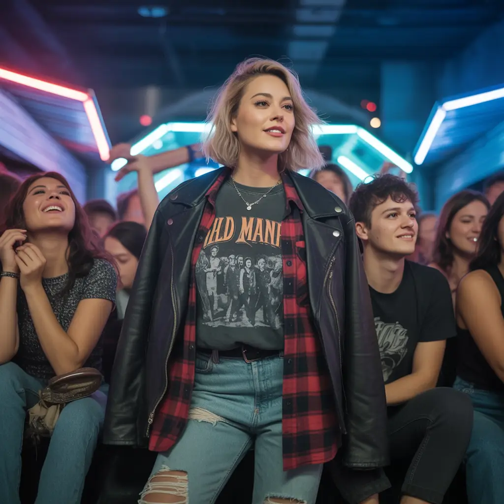 Band Tee with Plaid Shirt and Leather Jacket