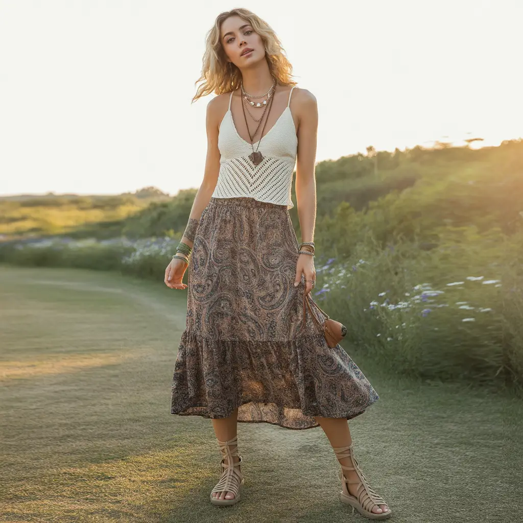 Bohemian Midi Skirts with Crochet Tops