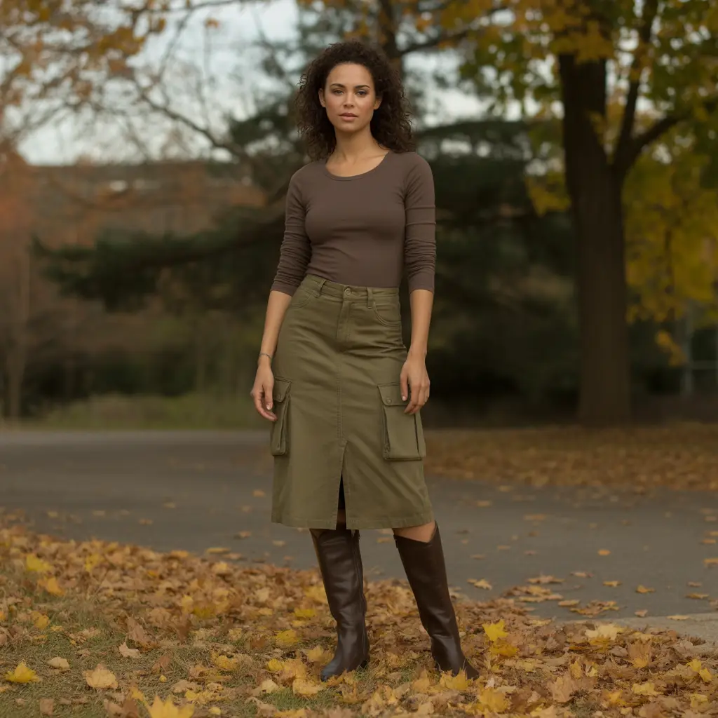 Cargo Midi and Long-Sleeve Tee with Boots for Fall