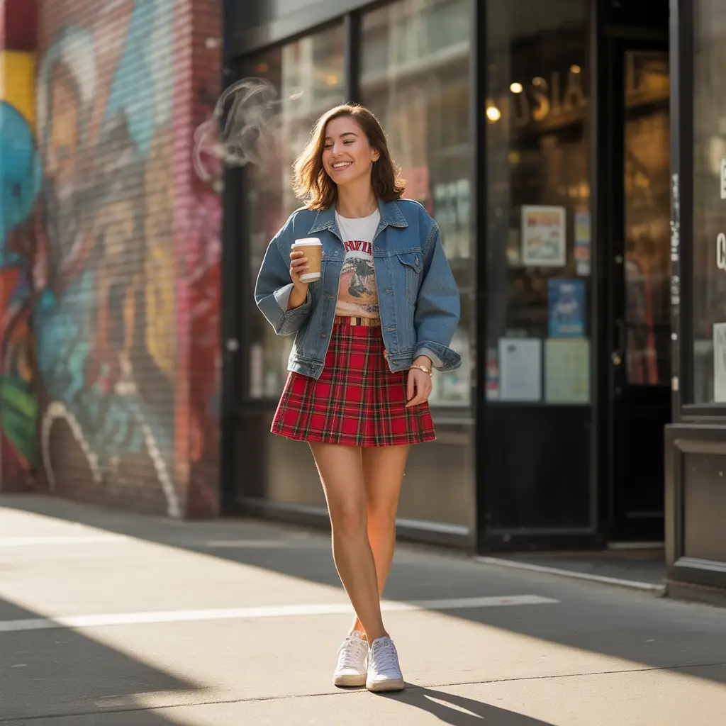 Casual Plaid Skirt Outfit with a Graphic Tee
