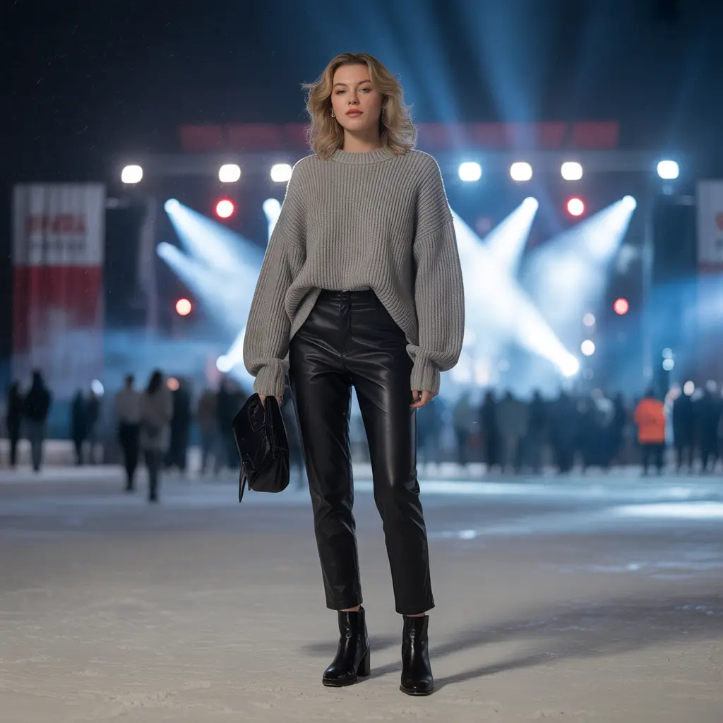 Chunky Sweater with Leather Pants