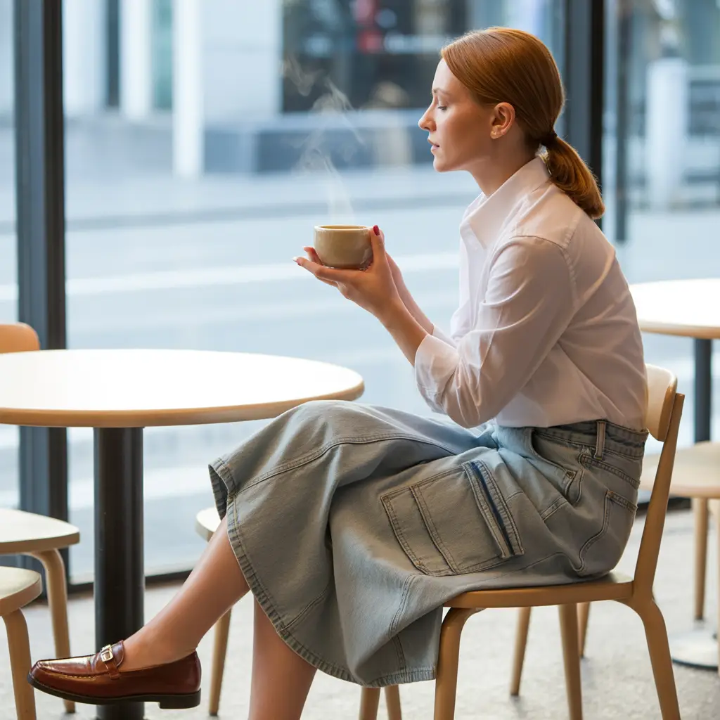Denim Cargo Skirt and White Button-Down for a Smart-Casual Look