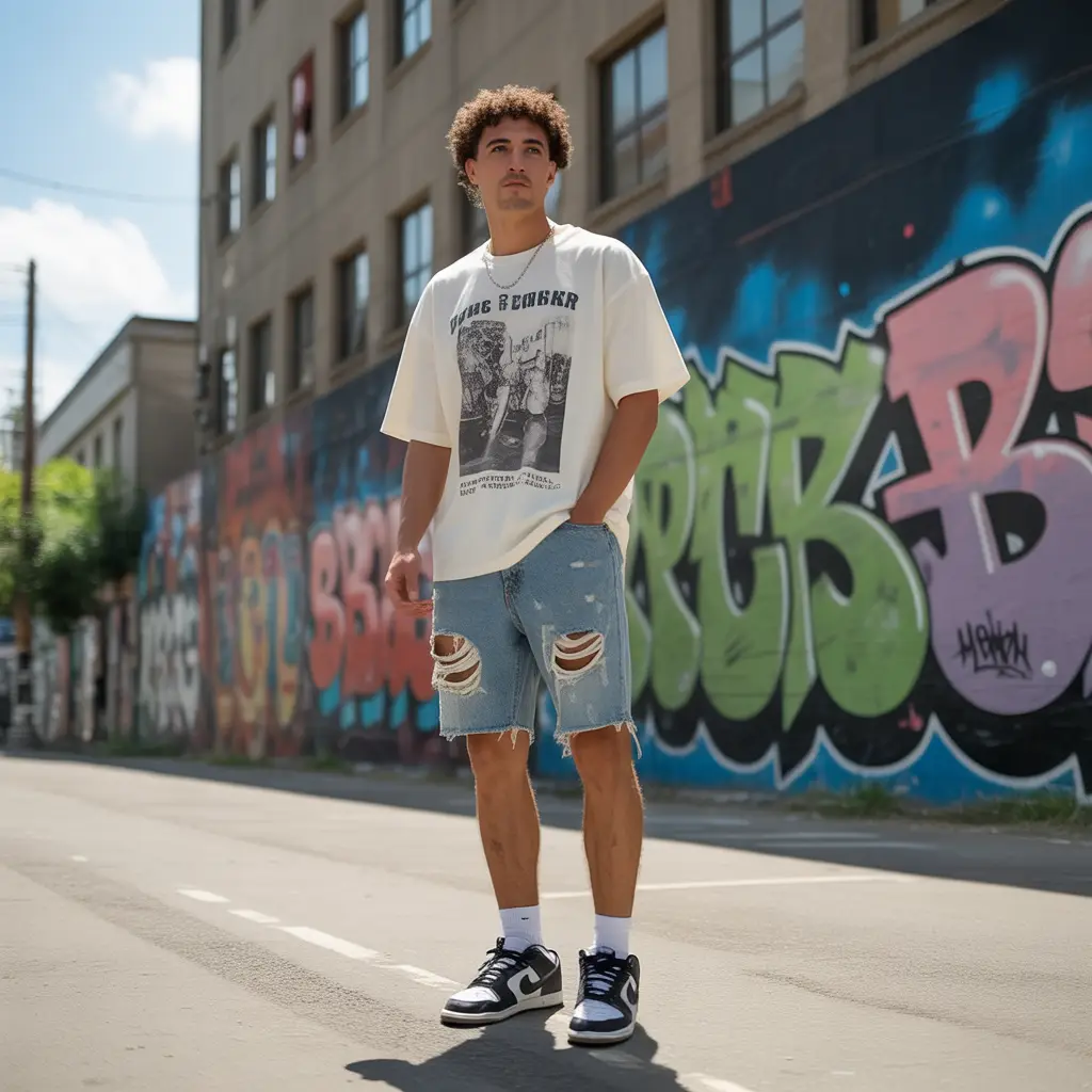 Denim Cutoffs and Retro Sneakers