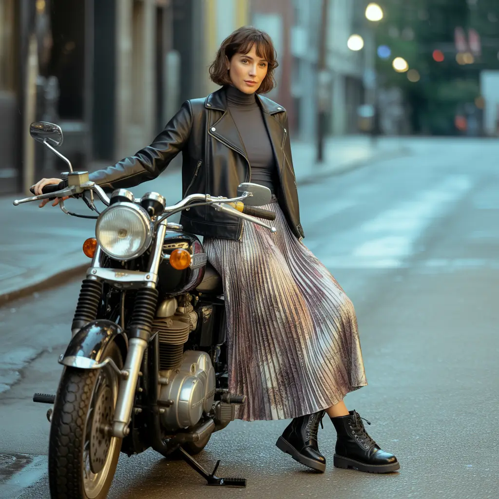 Edgy Maxi Skirt with Leather Jacket