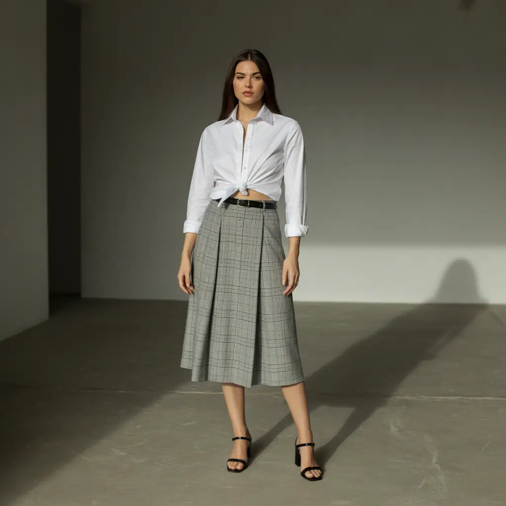 Elegant Midi Plaid Skirt with Button-Down Shirt