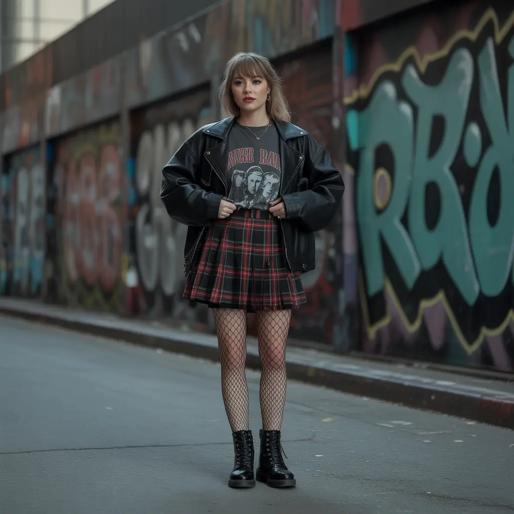 Grunge Plaid Skirt with Band Tee