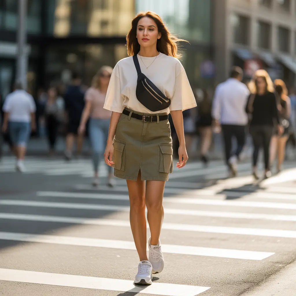 Khaki Cargo Skirt with Oversized Tee and Belt Bag