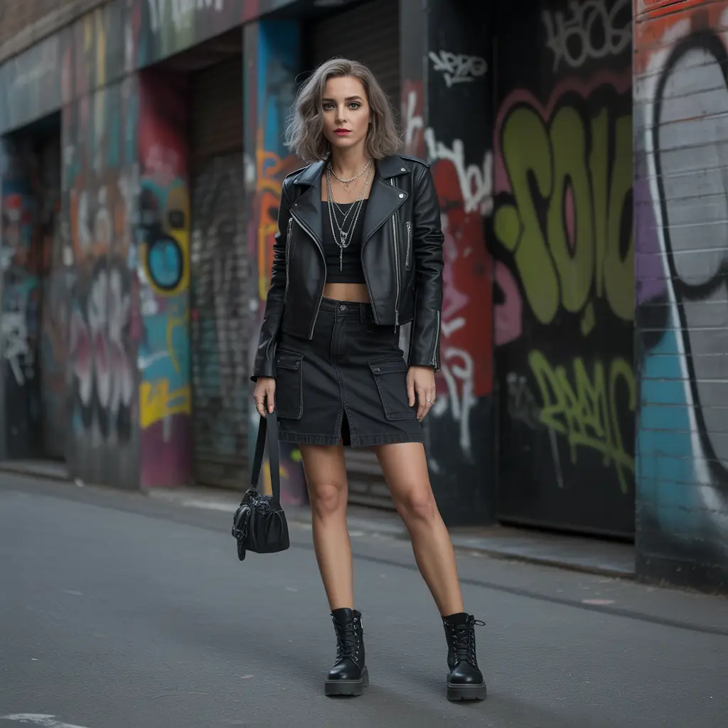 Leather Jacket and Black Cargo Skirt with Combat Boots