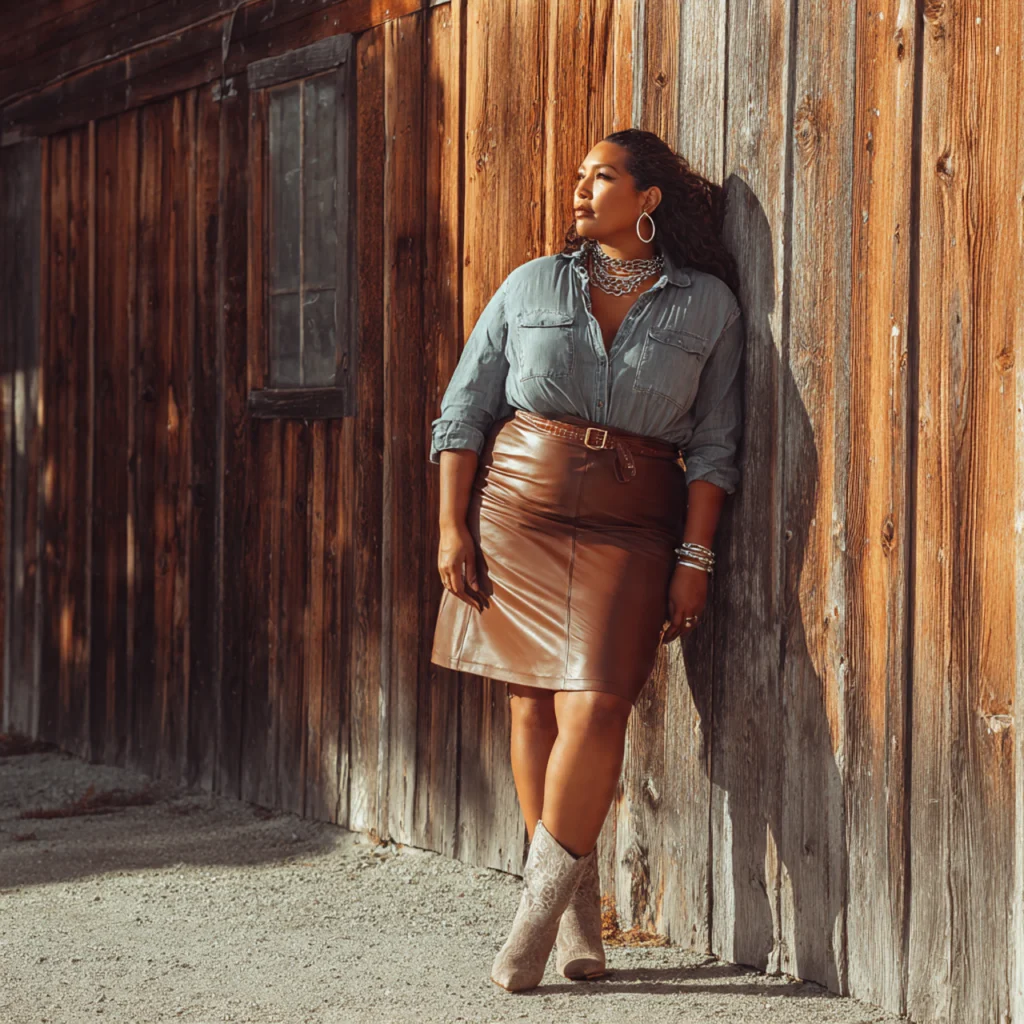 Leather Skirt and Chambray Shirt