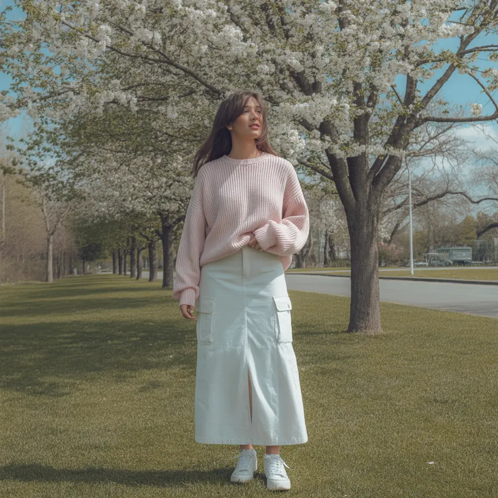Light Knit and Sneakers for a Spring Cargo Skirt Look