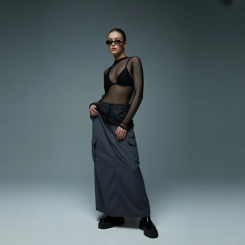 Mesh Top and Maxi Cargo Skirt with Statement Accessories