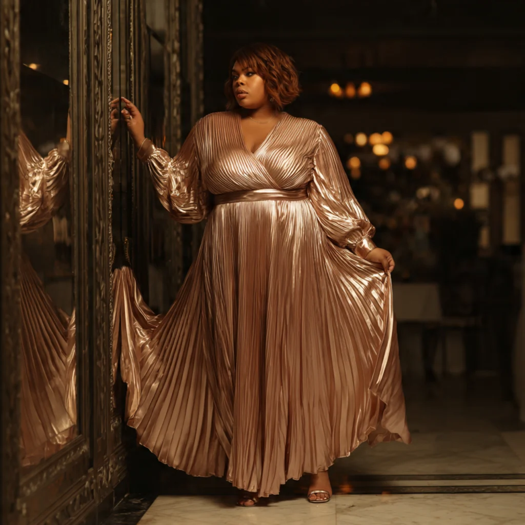 15 Best Plus Size Prom Outfit Ideas to Shine on Your Big Night 11 Metallic Pleated Maxi Dress
