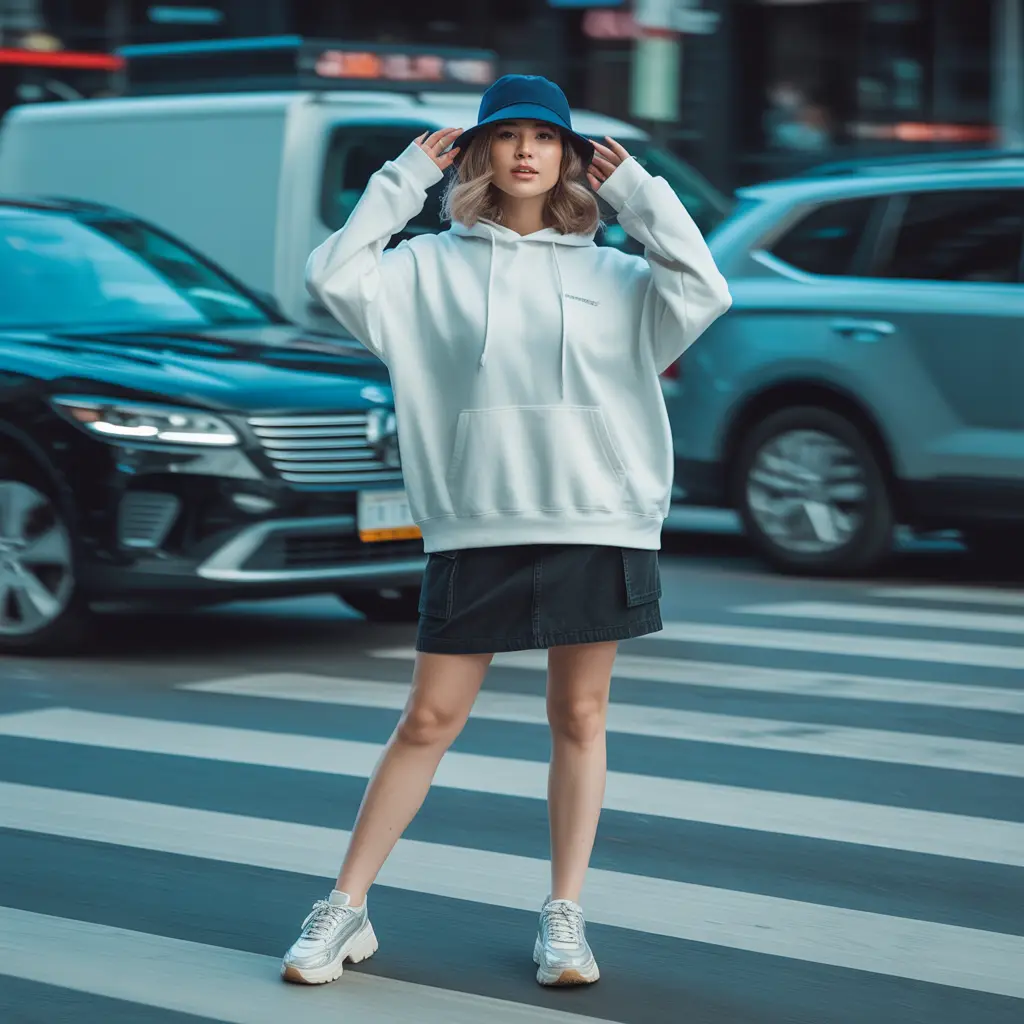 Oversized Hoodie and Cargo Mini with Platform Sneakers