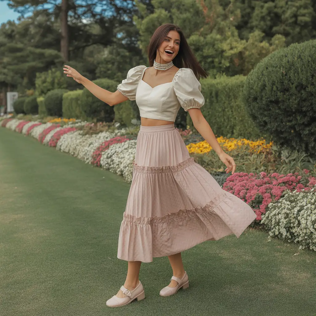 Puff Sleeve Crop Top and Ruffled Skirt