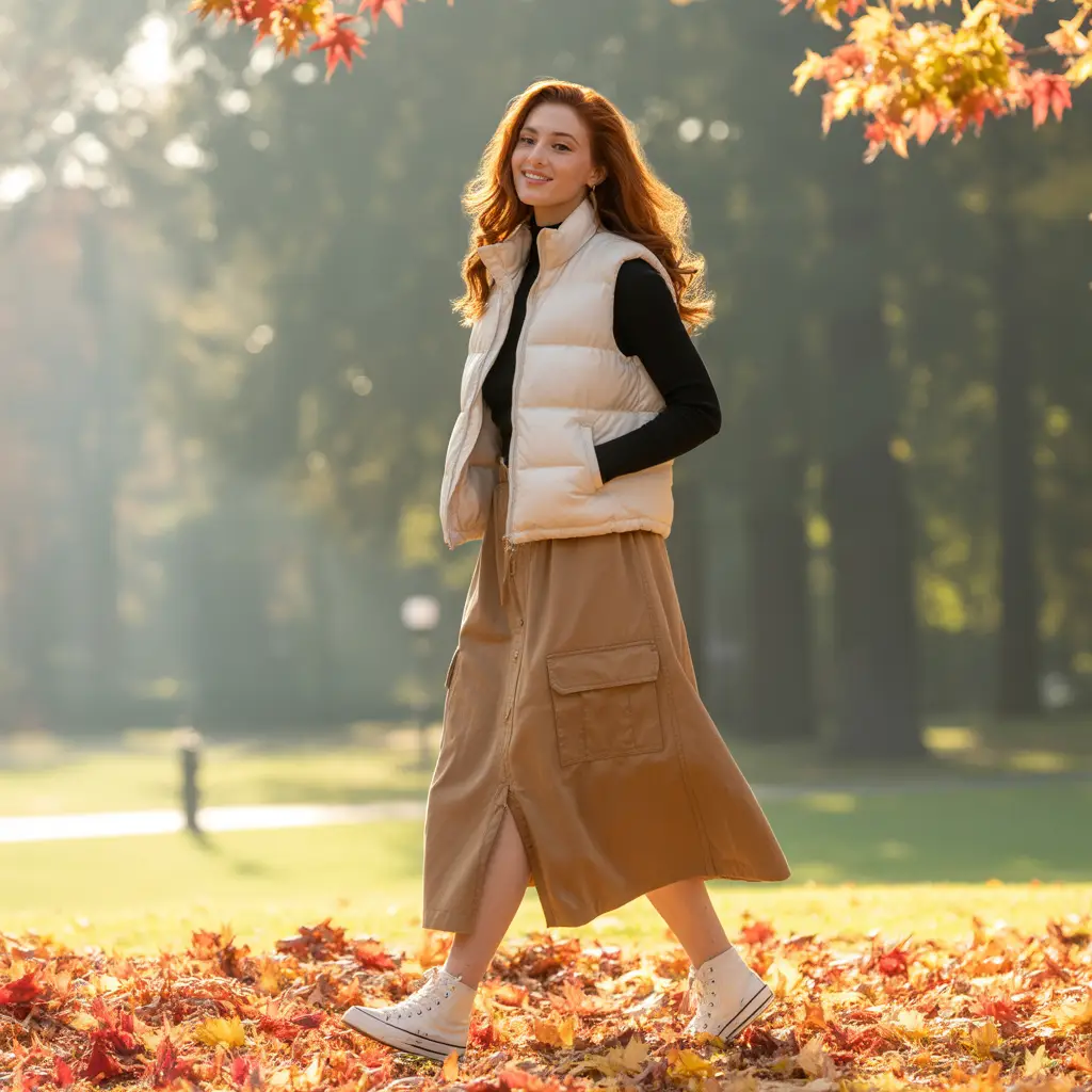 Puffer Vest and Cargo Midi with High-Top Trainers