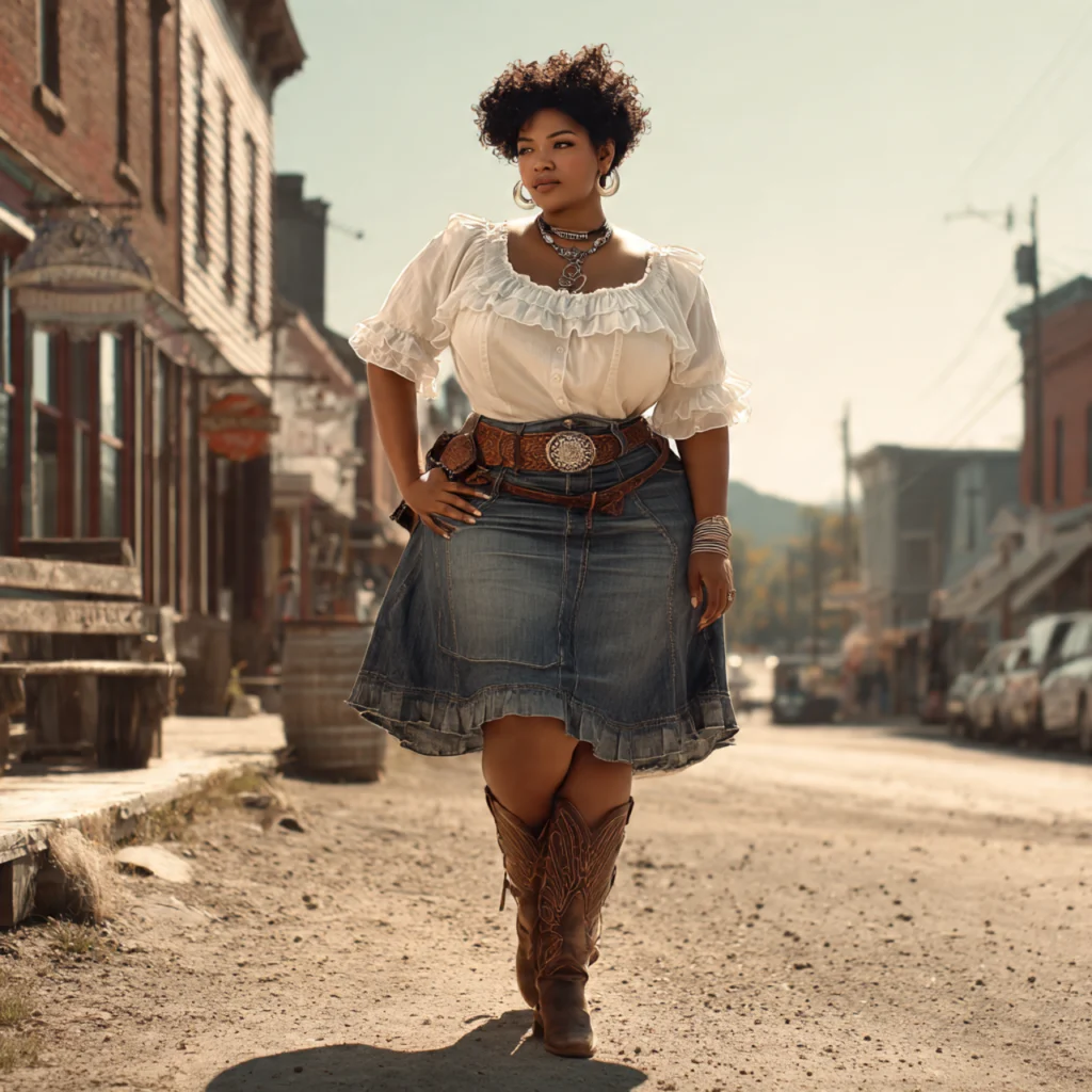 Ruffled Blouse with Denim Skirt