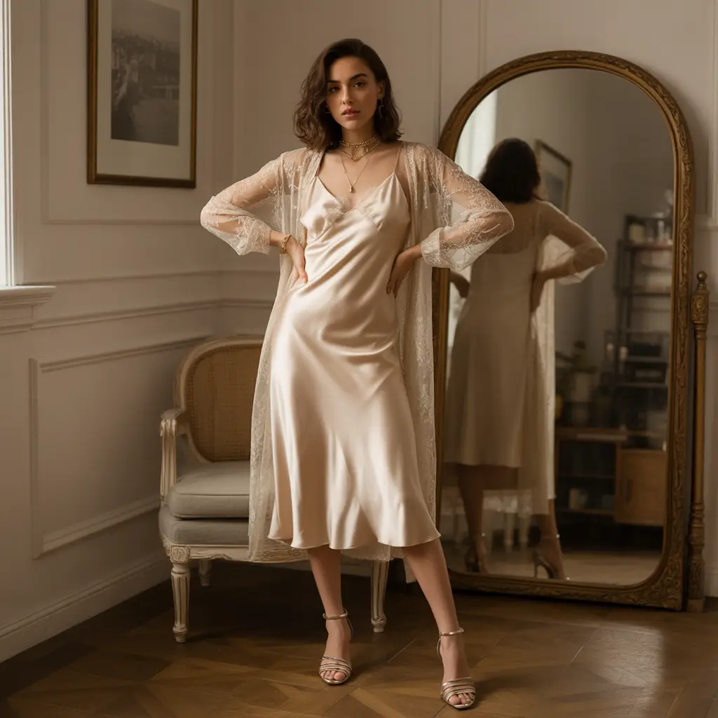 Satin Slip Dress and Sheer Cardigan