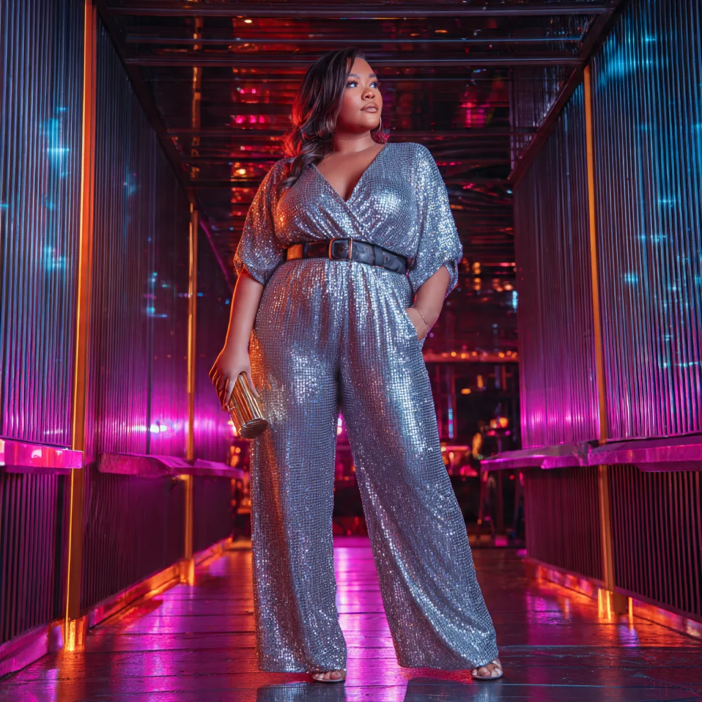 15 Best Plus Size Prom Outfit Ideas to Shine on Your Big Night 8 Sequin Jumpsuit with Belted Waist