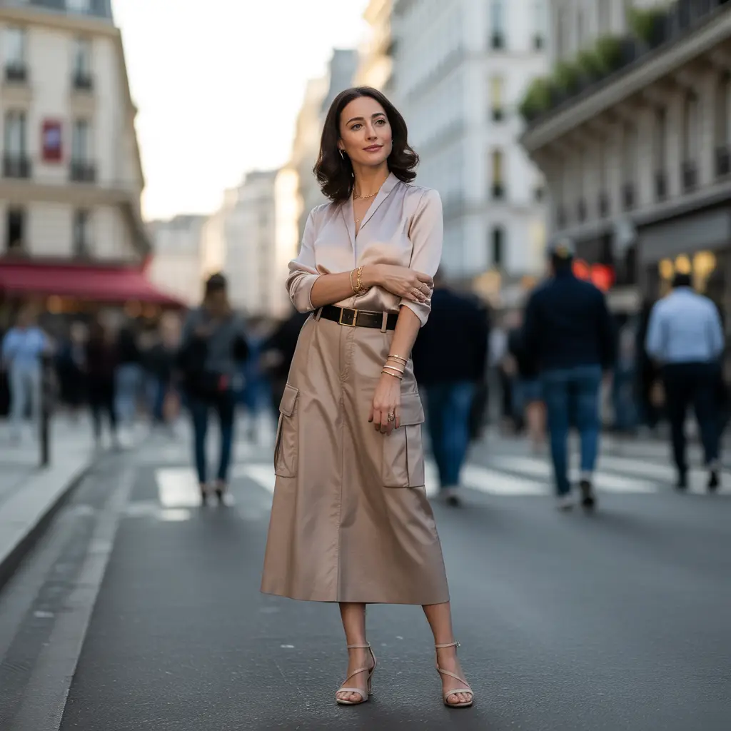 Silk Blouse and Heeled Sandals with a Midi Cargo Skirt