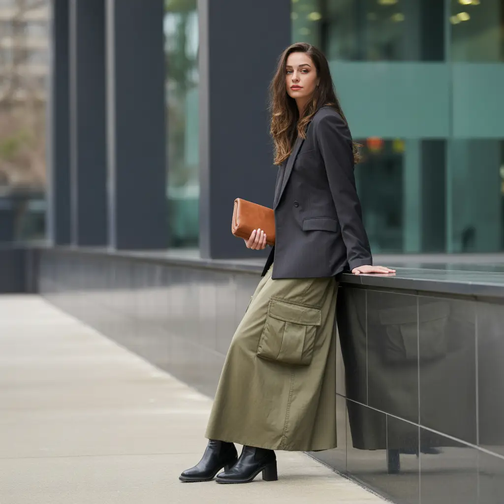 Structured Blazer and Ankle Boots with Maxi Cargo Skirt