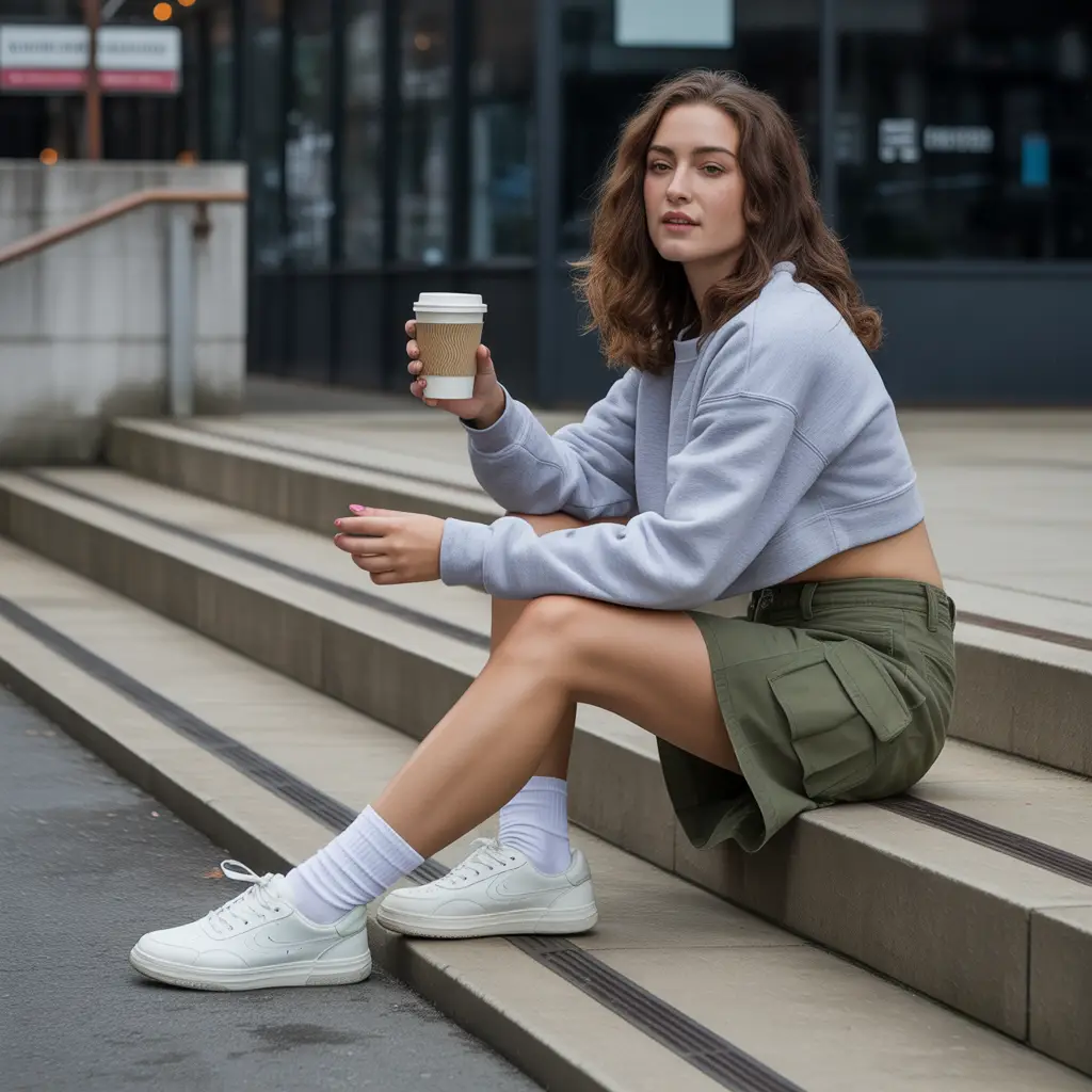 Sweatshirt and High Socks with Cargo Mini Skirt