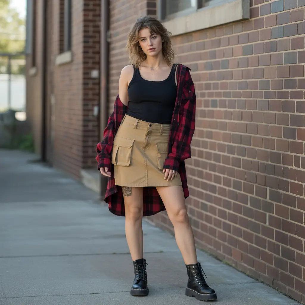 Tank Top and Oversized Flannel with Cargo Mini