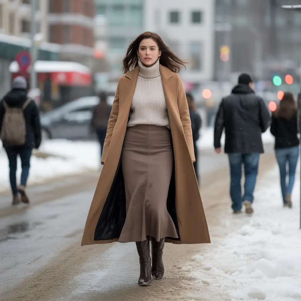 Winter Maxi Skirt with Coat and Boots