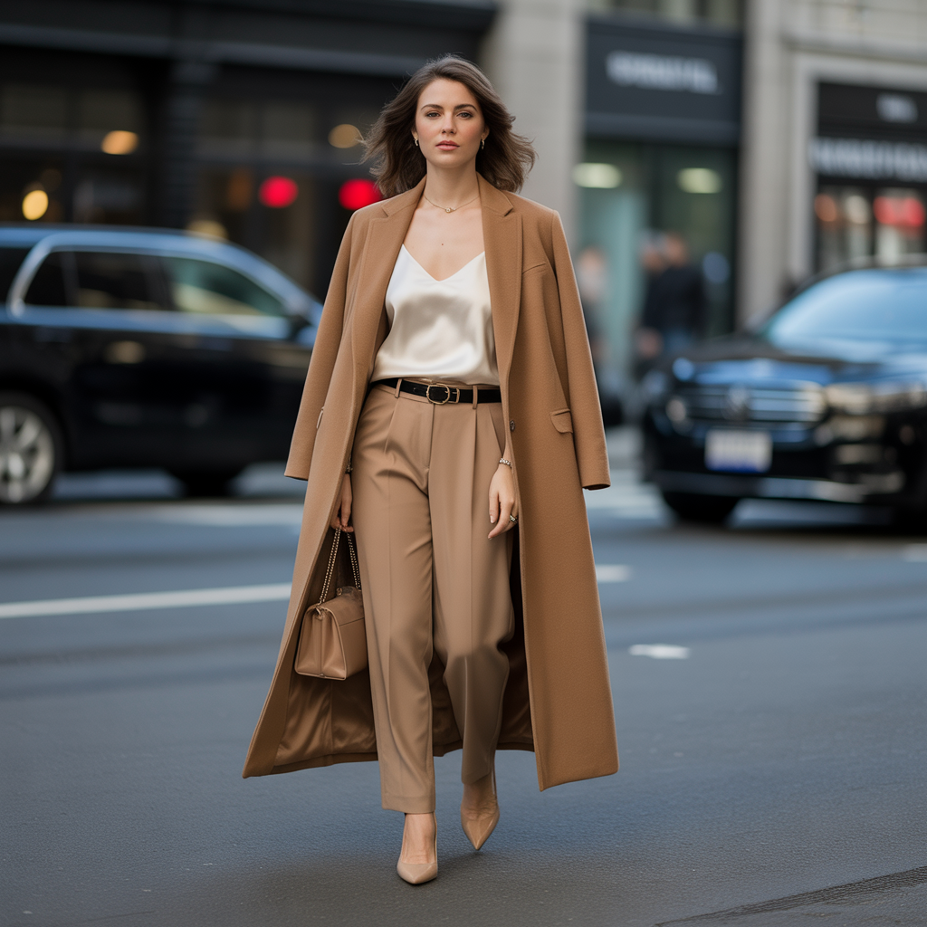 Wool Coat over a Silky Camisole