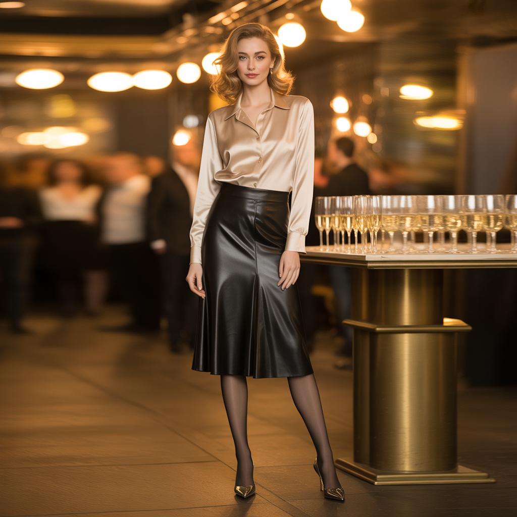 Satin blouse with leather skirt