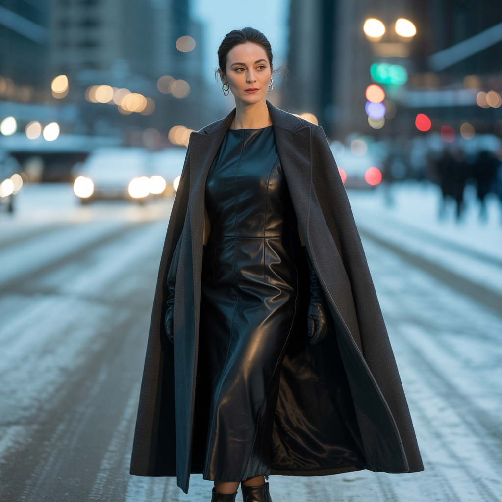 Faux leather midi dress with cape coat