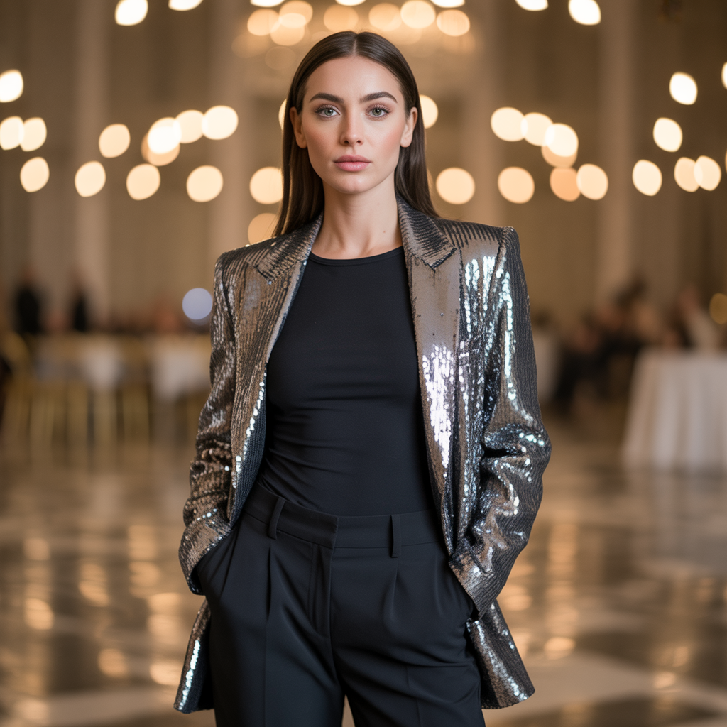 Sequin blazer over base layer