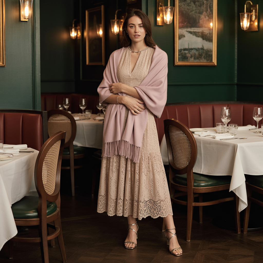 Cashmere Wrap and Lace Detailed Dress