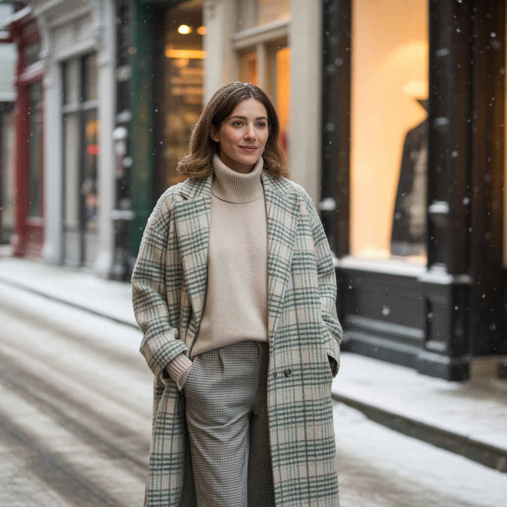 Checked Coat over Solid Base