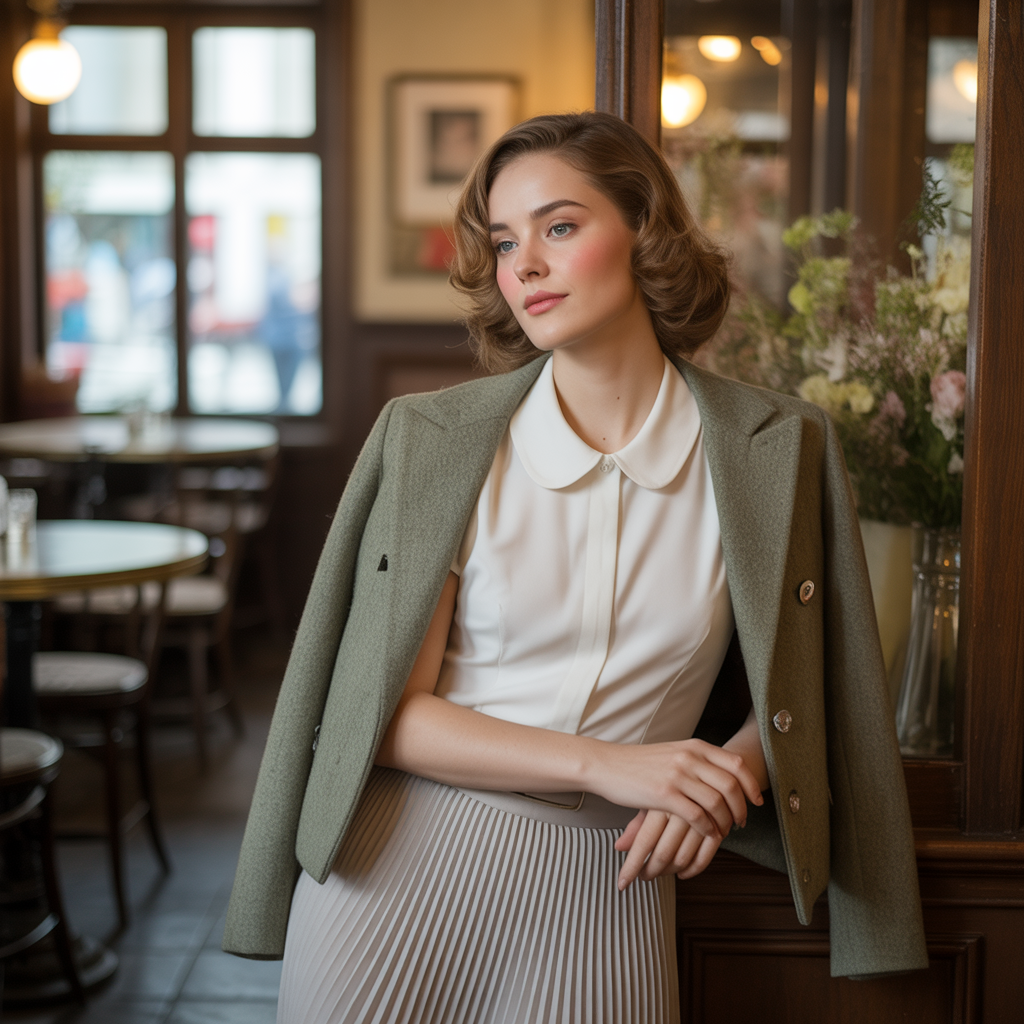 Peter Pan Collar Blouse with Pleated Midi