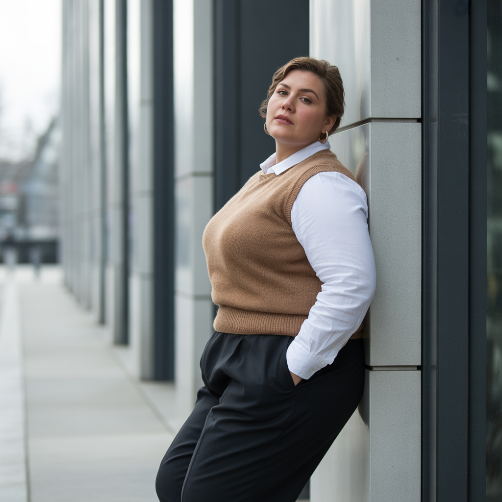 Plus Size Winter Outfits: 18 Chic Ideas to Stay Warm & Stylish 10 Sweater Vest over Shirt and Pants