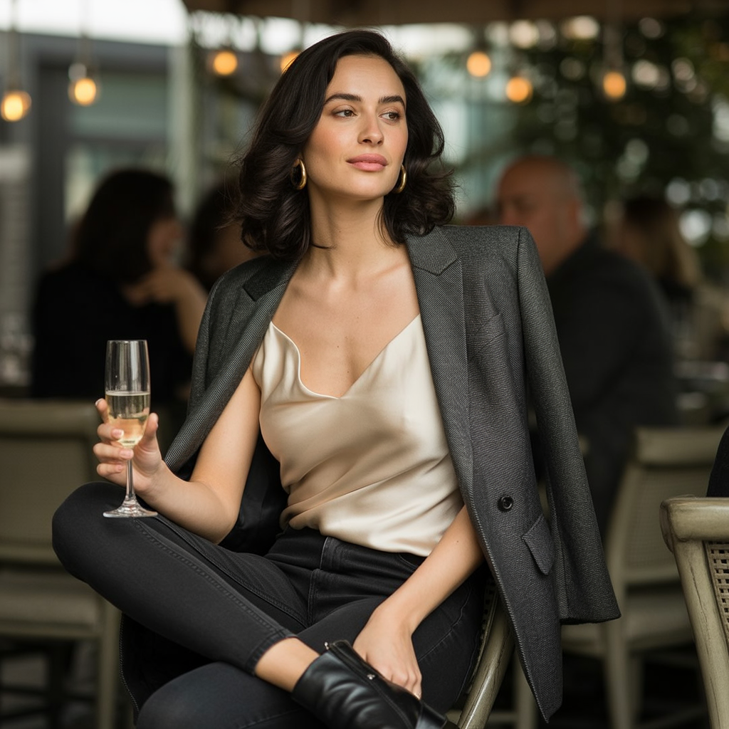 Satin Camisole with Blazer and Jeans